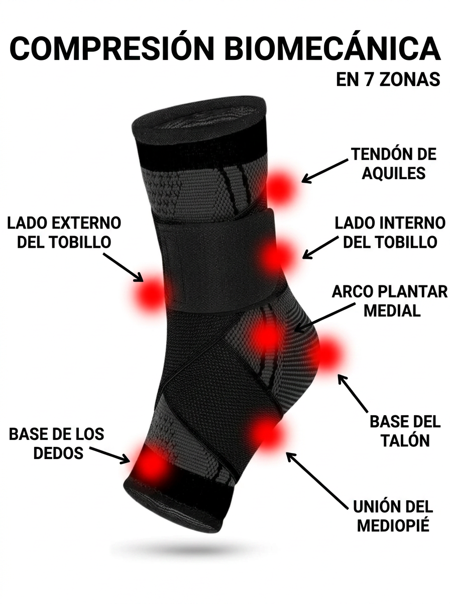 Esquema de la compresion biomecanica en 7 zonas: tendon de Aquiles, lados del tobillo, arco plantar medial, base del talon, union del mediopie y base de los dedos